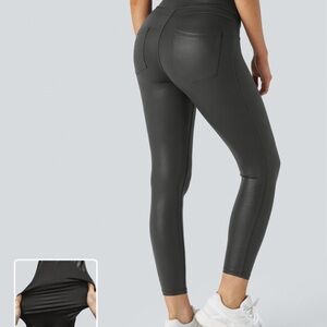 Halara BlackLeather Look Full-Length Leggings with Wide Waistband